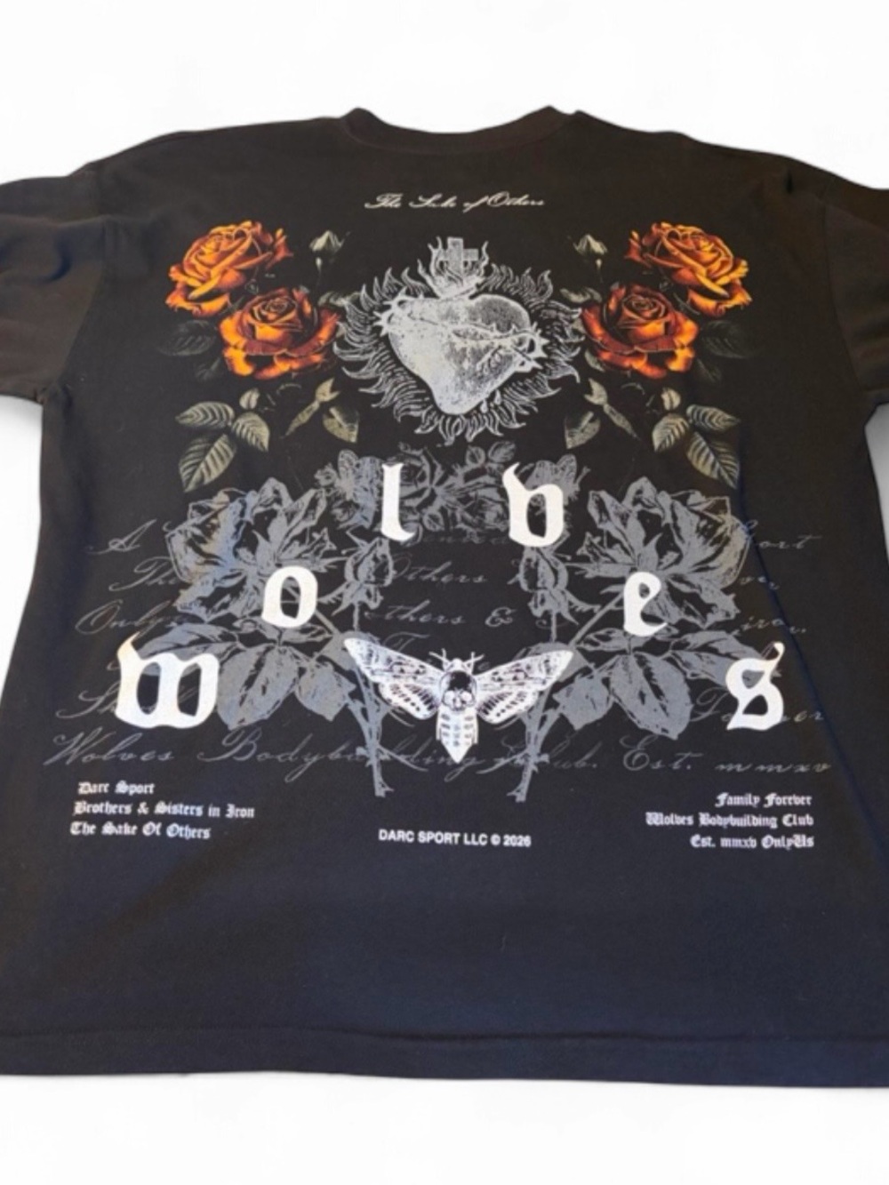 Darc Sport Black Tee with Orange Rose and Gray Heart Graphic